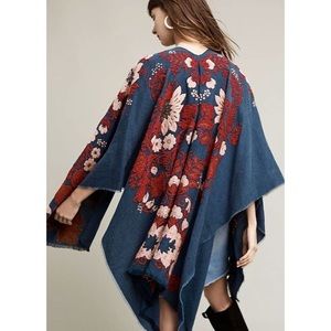Anthropologie Blue Red Pink Embroidered Floral Kimono Jacket Shawl O/S NWOT